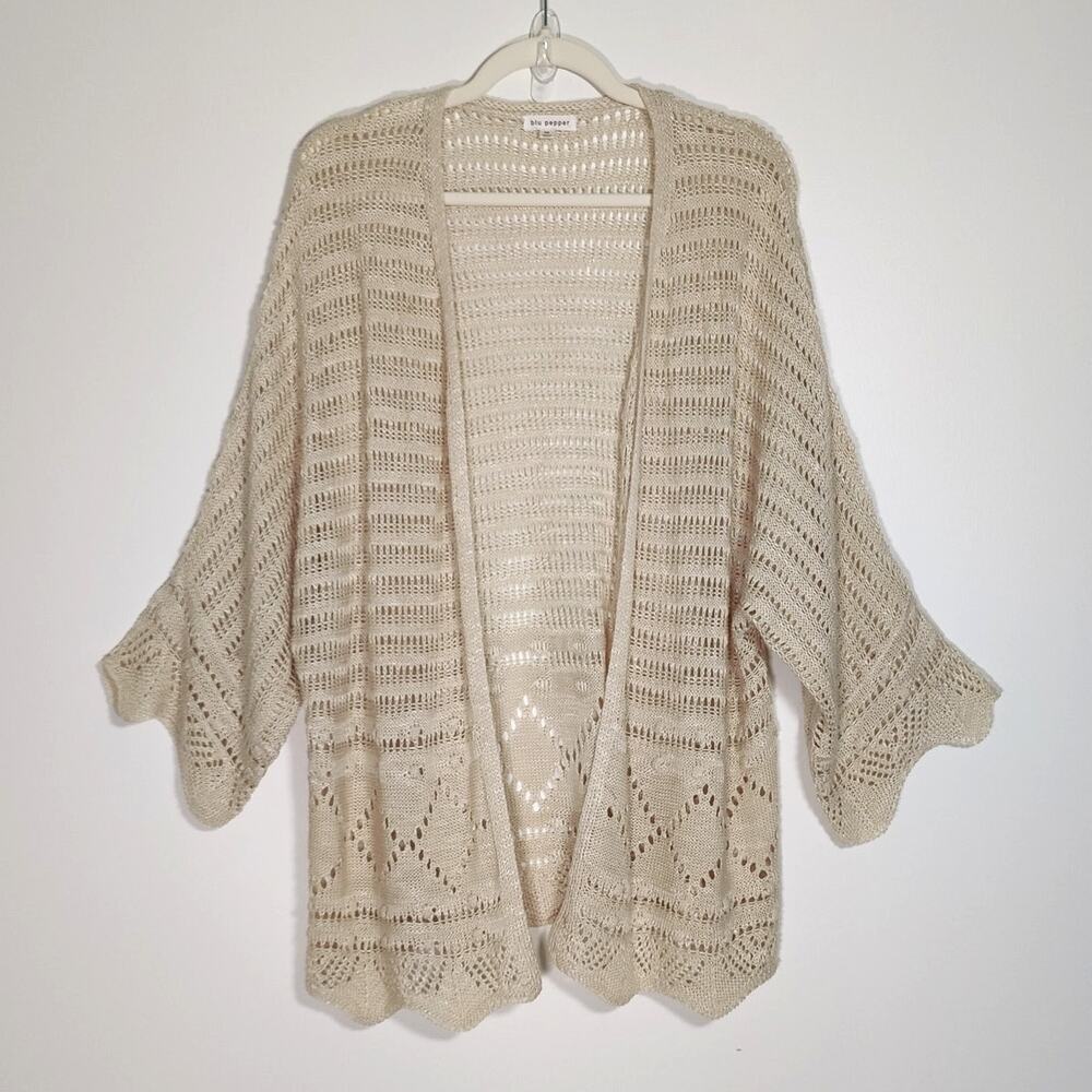Cream Beige Crochet Knit Cardigan Sweater Boho Coastal Cottagecore M Beach
